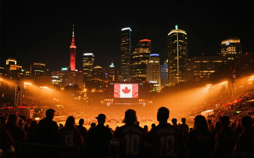 加拿大城市夜景与球迷观赛广场的概念图，体现世界杯带来的城市体验经济